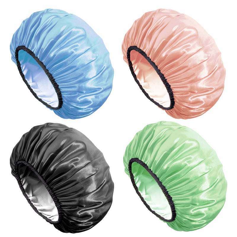 Aquior Shower Cap4Pack Large Shower Caps for Women Long Hair Premium Soft Silky Satin Reusable Hair Cap For All Hair Lengths And Big Hairstyles
