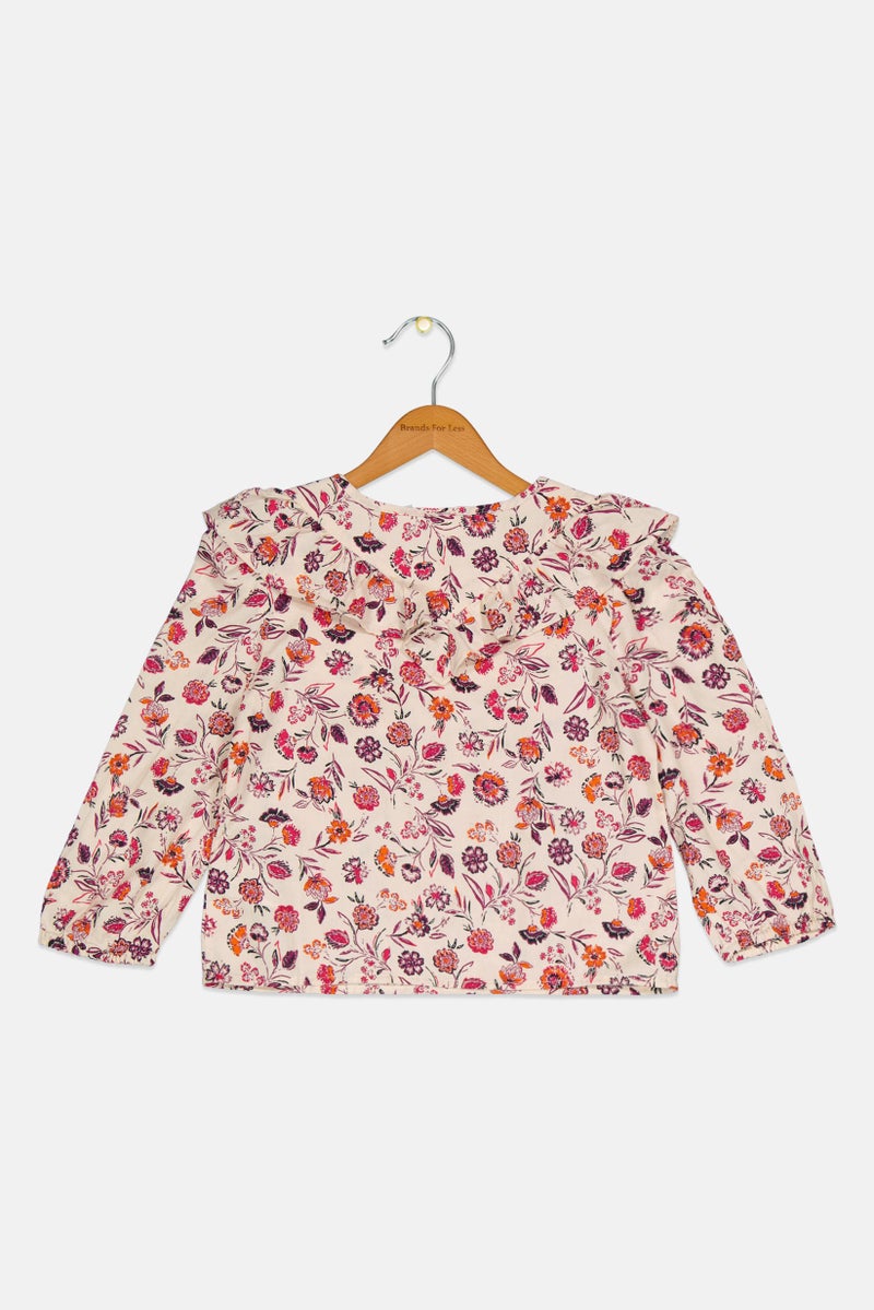GAP Kids Girl Round Neck Floral Pattern Long Sleeve Top, Cream - Image 2