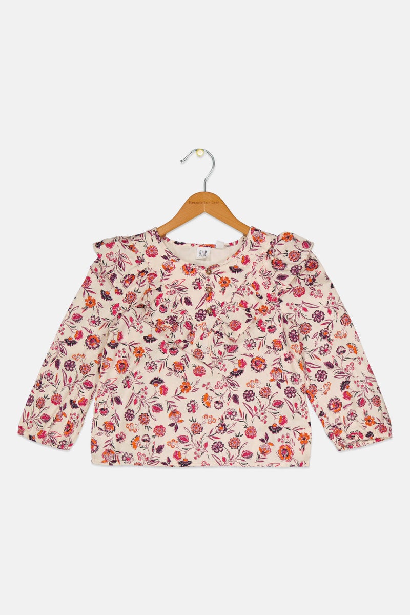 GAP Kids Girl Round Neck Floral Pattern Long Sleeve Top, Cream - Image 1