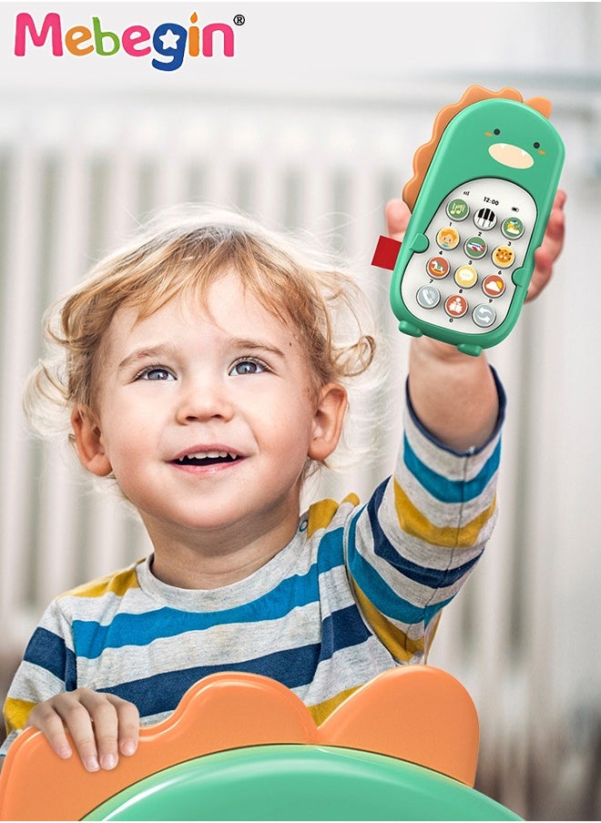 MEBEGIN Smart Early Education Mobile Phone, Teething Phone Toy for Babies, Dinosaur Phone Toys with Light and Sound, Portable Preschool Learning Phone with 2 models and 12 Function Buttons, Ideal Gift for Kids Aged 6 Month+, 3 AAA Batteries(not included), 8*14.2cm  - Image 1