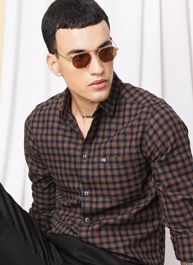 شركة المرآب الهندية Men Slim Fit Checkered Full Sleeves Spread Collar Casual Shirt