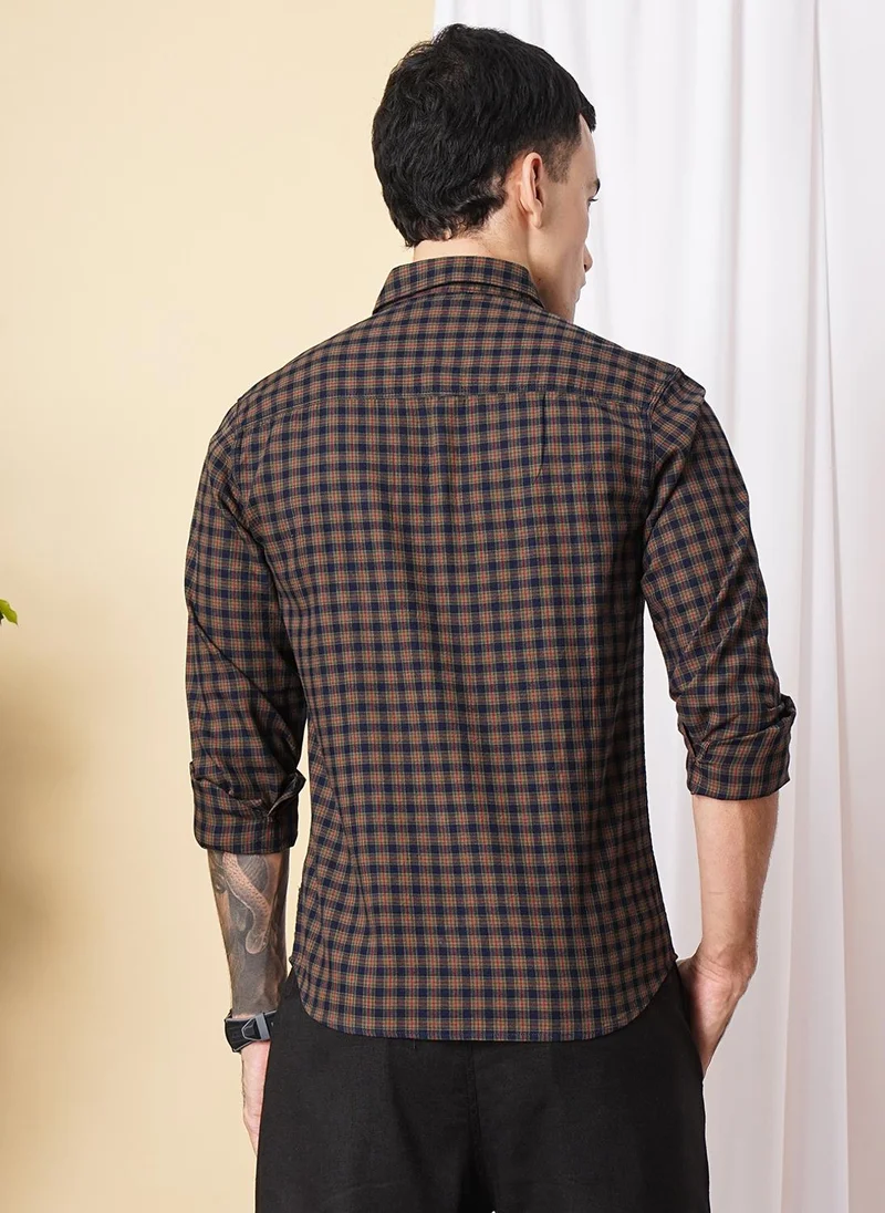 شركة المرآب الهندية Men Slim Fit Checkered Full Sleeves Spread Collar Casual Shirt