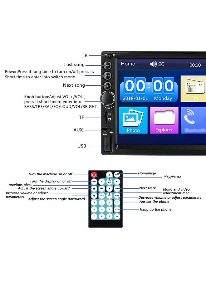 7 Inch Car MP5 Player Double Din Stereo FM Radio BT Hands-Free Calling Support TF Card/USB/AUX-IN Phone Link Reverse Picture Steering Wheel Control