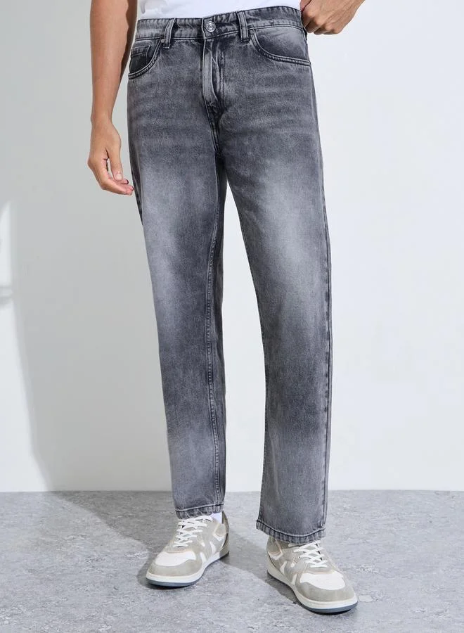 Styli Black Mid Washed Relaxed Fit Denim Jeans