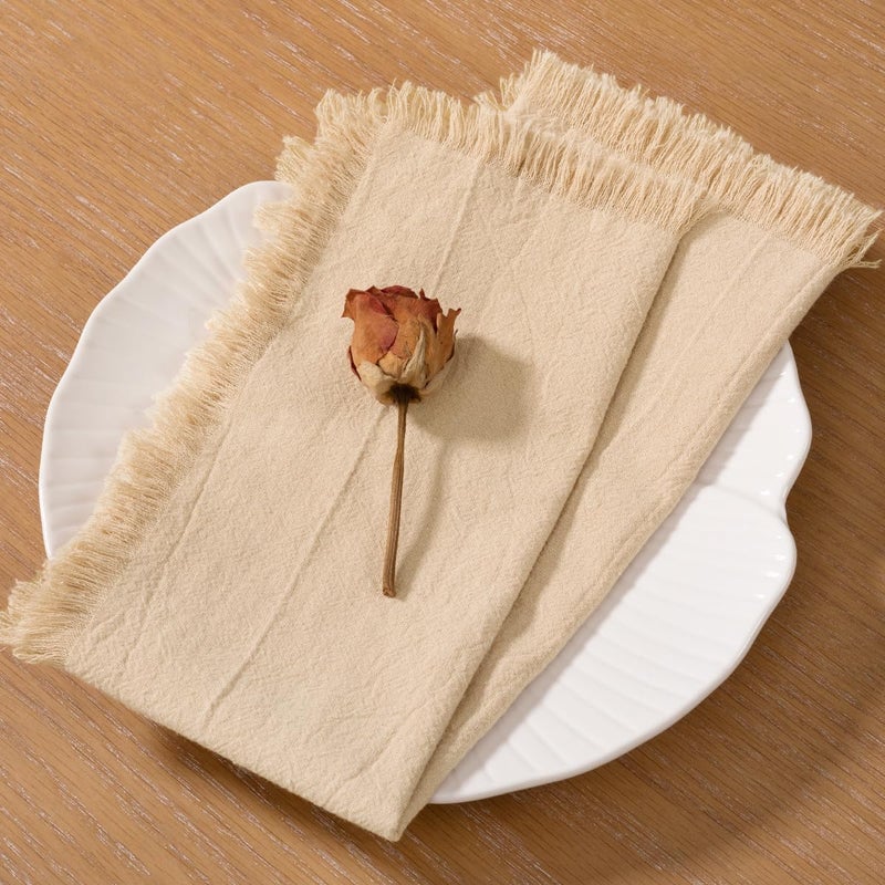 LINXTAR Handmade Cloth Napkins with Fringe 4 Pack 17x17 Thick Cotton Linen Napkins Soft Versatile Dinner Table Napkins for Parties Weddings Everyday Use  Beige - Image 3