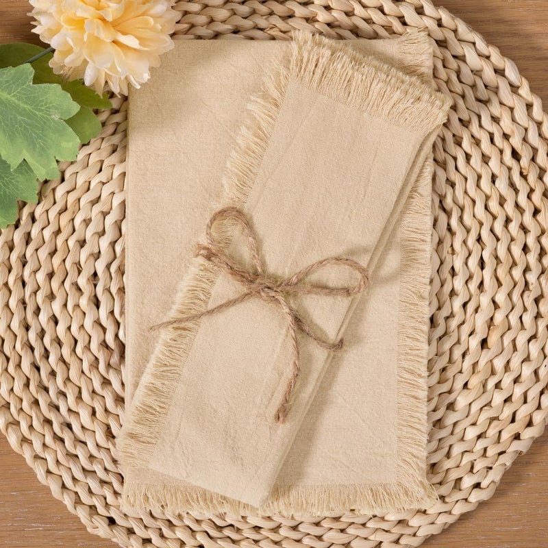 LINXTAR Handmade Cloth Napkins with Fringe 4 Pack 17x17 Thick Cotton Linen Napkins Soft Versatile Dinner Table Napkins for Parties Weddings Everyday Use  Beige - Image 4