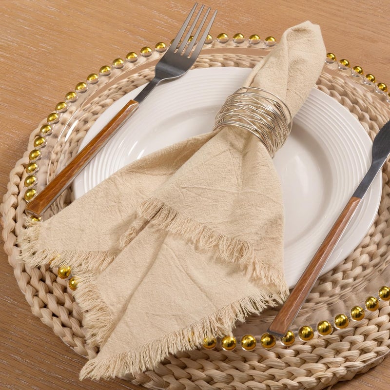 LINXTAR Handmade Cloth Napkins with Fringe 4 Pack 17x17 Thick Cotton Linen Napkins Soft Versatile Dinner Table Napkins for Parties Weddings Everyday Use  Beige - Image 2
