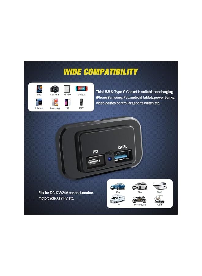 PROMASS 2 Ports 12V/24V USB Outlet 58W, Dual Quick Charge, PD Type-C (USB C) & QC3.0 USB Port Panel Wall Mount Automotive Car USB Socket Charger Power Adapter for RV Marine Boat Bus ATV Motorcycle Truck - Image 2