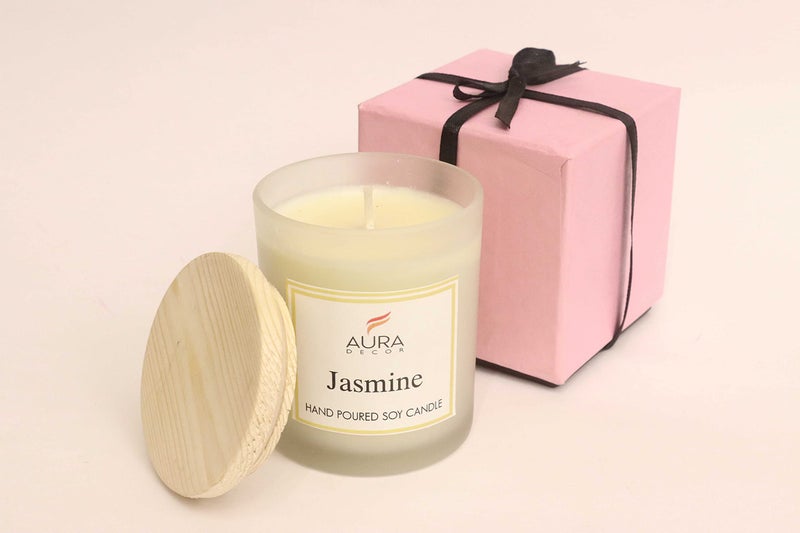 AURA DECOR AuraDecor Hand Poured Fragrance Soy Wax Glass Candle 150 gm (with Wooden Lid & Comes in a Gift Box) | 100% Organic Wax Candle with Essential Oils (Frosted_Jasmine) - Image 1