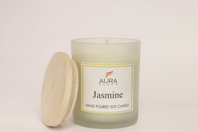 AURA DECOR AuraDecor Hand Poured Fragrance Soy Wax Glass Candle 150 gm (with Wooden Lid & Comes in a Gift Box) | 100% Organic Wax Candle with Essential Oils (Frosted_Jasmine) - Image 3