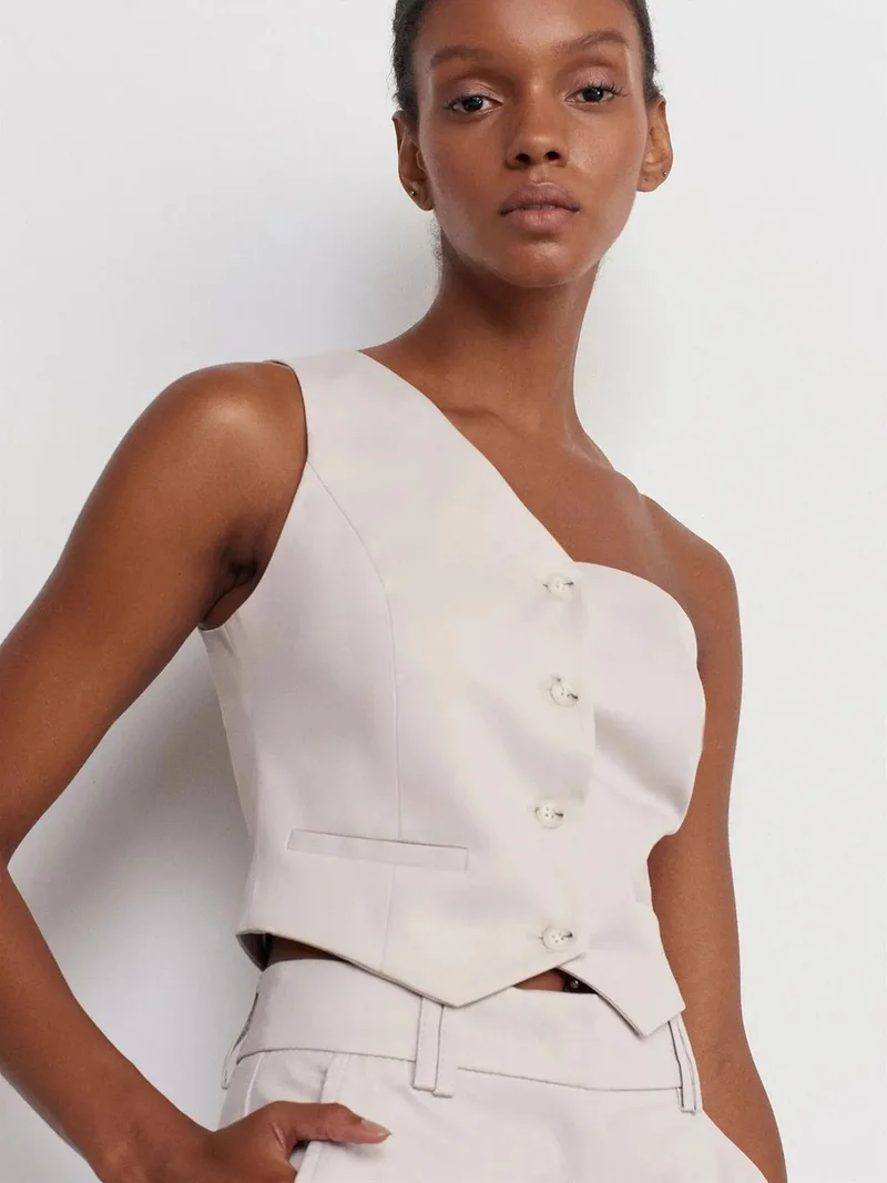 ديلفين Dilvin Fitted Crop Poplin Blouse With Asymmetrical Collar