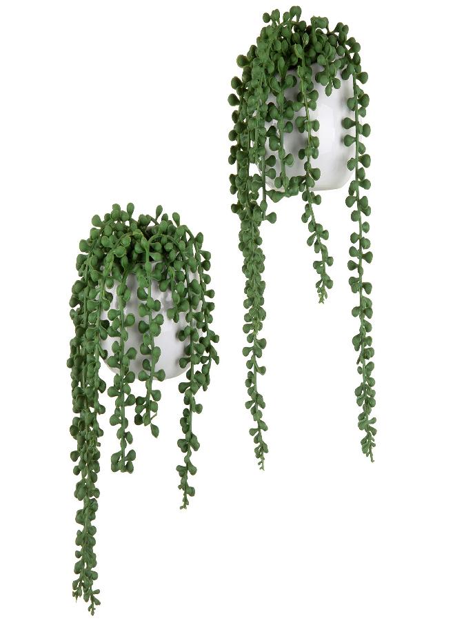 MyGift MyGift Artificial Faux String of Pearls Plants in White Ceramic Wall Hanging Planter Pot with Jute Rope, Set of 2