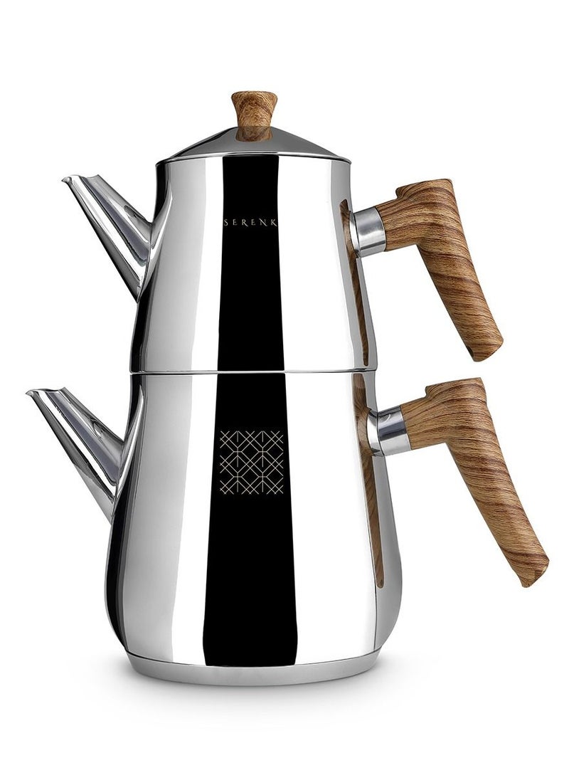 Serenk Serenk Traditional Turkish Tea Pot, 18/10 Stainless Steel, Rapid Boil Stove Top Tea Kettle, 2 Lids, Extra Strong Forged Thermo-Capsule Bottom, Mirror Polished Design, 3 Qt  - Image 1