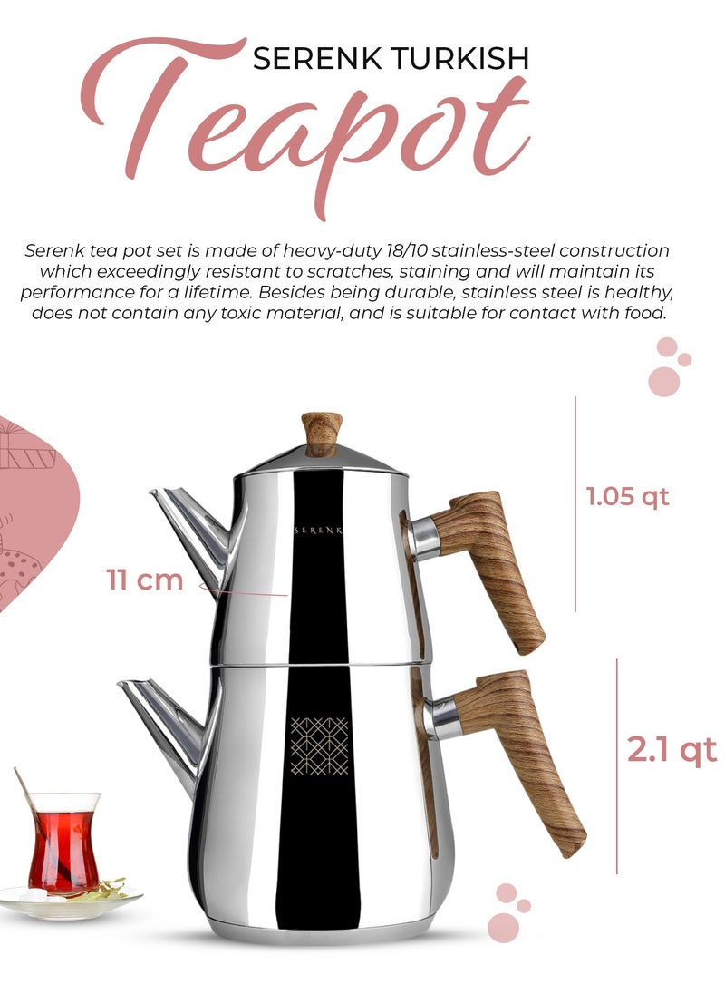 Serenk Serenk Traditional Turkish Tea Pot, 18/10 Stainless Steel, Rapid Boil Stove Top Tea Kettle, 2 Lids, Extra Strong Forged Thermo-Capsule Bottom, Mirror Polished Design, 3 Qt  - Image 3