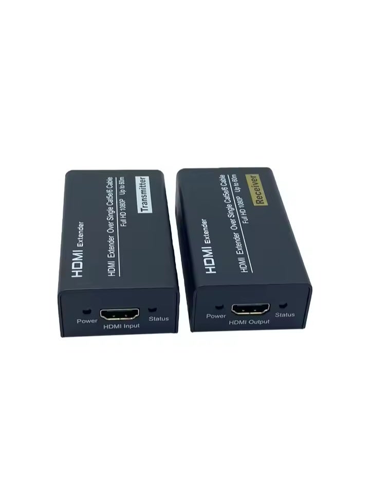 HDMI Extender Over Single CAT6 Cable – 60M 1080P Full HD – Heavy-Duty Metal Case – Plug & Play – Includes Power Adapters – Ideal for CCTV, TV, Projectors - Image 1