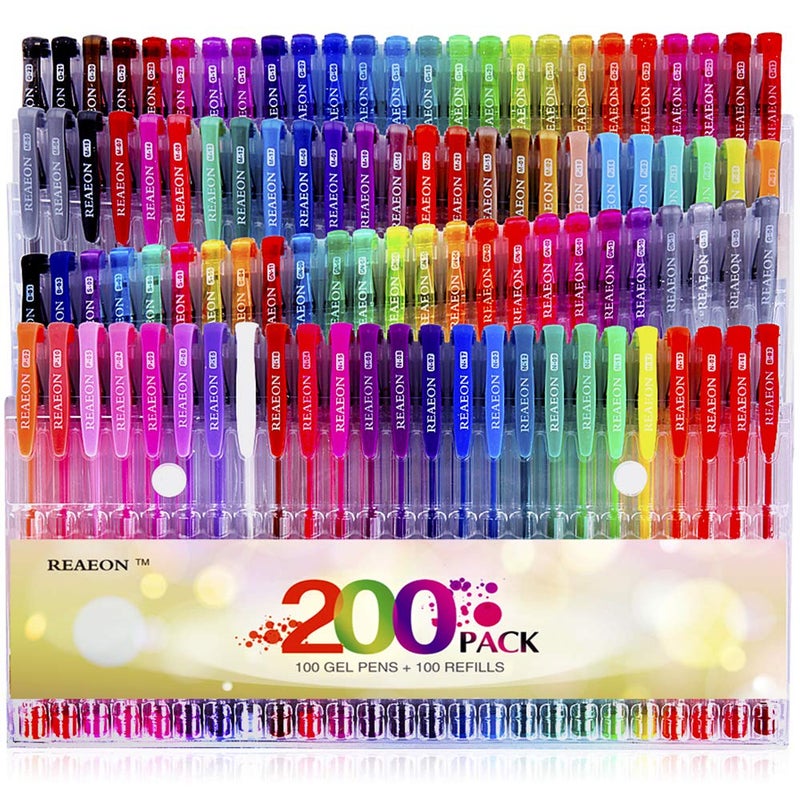 Reaeon Gel Pens Reaeon 200 Pack Pen with Case for Adult Coloring Books 100 Color Markers Plus 100 Refills for Drawing Painting Writing