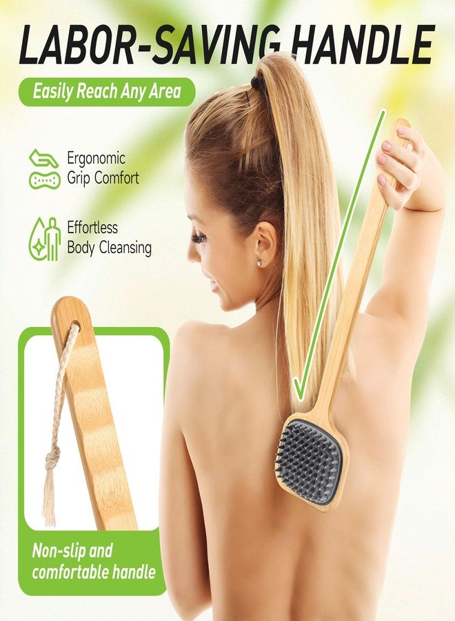 NURENDER 16.92'' Double-Sided Back Scrubber for Shower, Silicone Back Bath Brush Ideal for Sensitive Skin, Exfoliating, with Anti-Slip Bamboo Handle & Hanging Loop, Dry Body Brush for Men, Women - Image 5