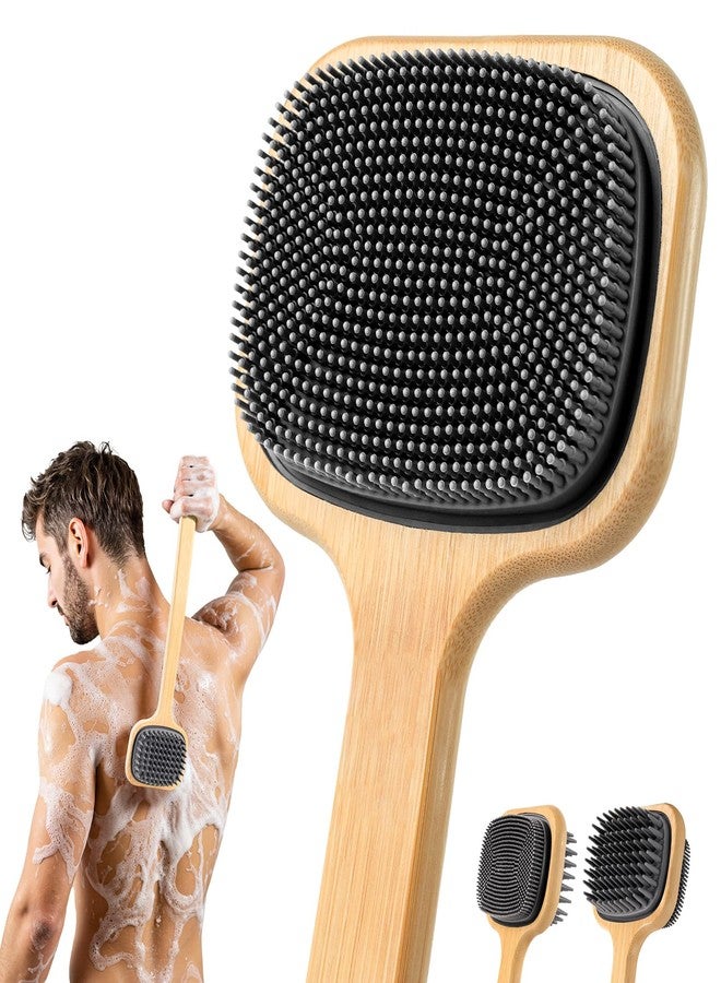 NURENDER 16.92'' Double-Sided Back Scrubber for Shower, Silicone Back Bath Brush Ideal for Sensitive Skin, Exfoliating, with Anti-Slip Bamboo Handle & Hanging Loop, Dry Body Brush for Men, Women - Image 1