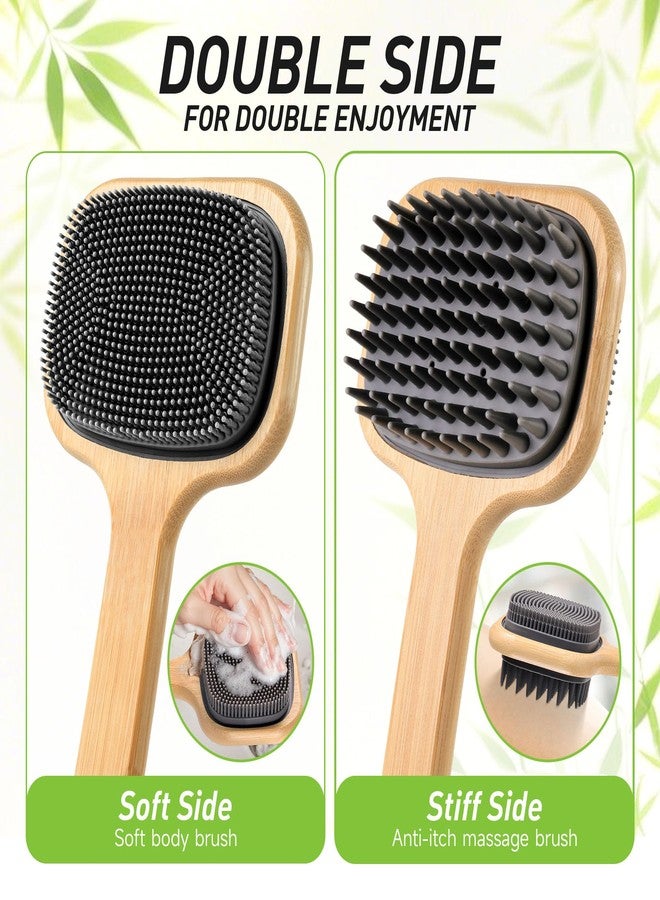 NURENDER 16.92'' Double-Sided Back Scrubber for Shower, Silicone Back Bath Brush Ideal for Sensitive Skin, Exfoliating, with Anti-Slip Bamboo Handle & Hanging Loop, Dry Body Brush for Men, Women - Image 2