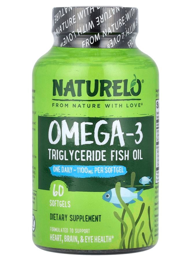 NATURELO Premium Supplements Omega-3 Triglyceride Fish Oil 1100 mg 60 Softgels 