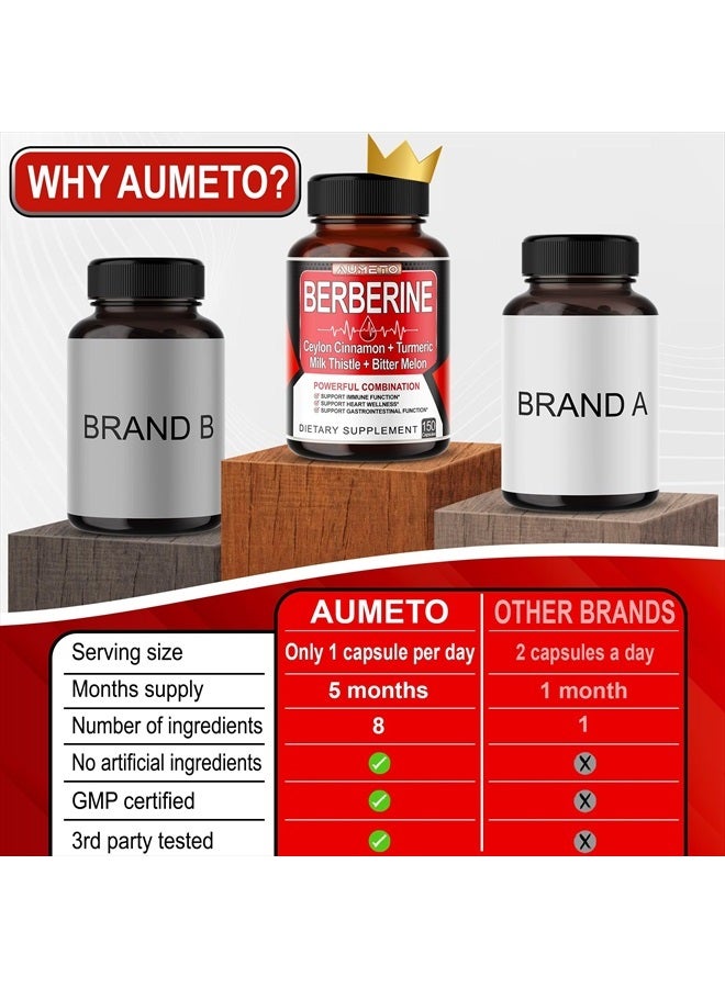 AUMETO مكمل بيربرين - معزز بالقرفة السيلانية، الكركم، حليب الشوك، البطيخ المر لدعم الهضم، المناعة وإدارة الوزن (150 حبة (عبوة واحدة)) - Image 2