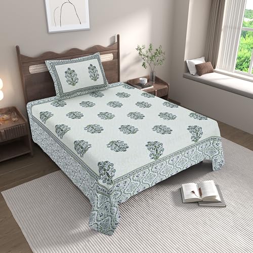 EasyGoods® Cotton Bedsheet for Single Bedsheet with 1 Pillow Cover 60x90 Inch, Handcrafted Bed Sheets (Green-2) - Image 1