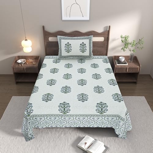 EasyGoods® Cotton Bedsheet for Single Bedsheet with 1 Pillow Cover 60x90 Inch, Handcrafted Bed Sheets (Green-2) - Image 2