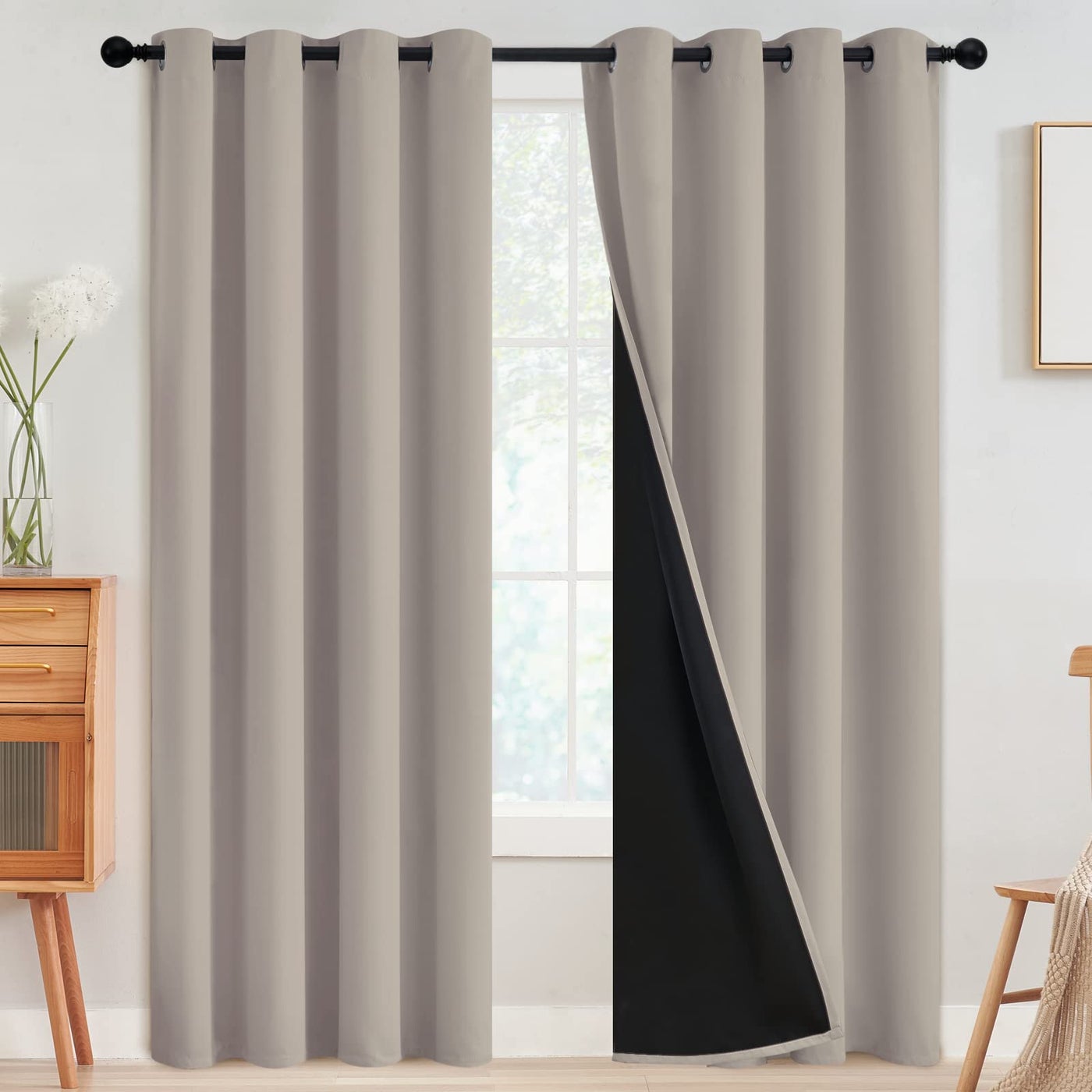 SimpleHome 100% Blackout Curtains for Bedroom,Thermal Insulated Natural Grommet Window Drapes Room Darkening Curtains for Living Room with Black Back,52 x 84 Inch,2 Panels