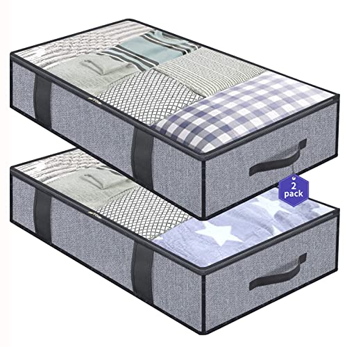 Onlyeasy Foldable Underbed Bags 2 Pack Blankets Clothes Comforters Storage Bag Breathable Zippered Organizer for Bedroom with Clear Window and 4 Handles 394x197x59 in Linenlike Grey MXDUBBP2