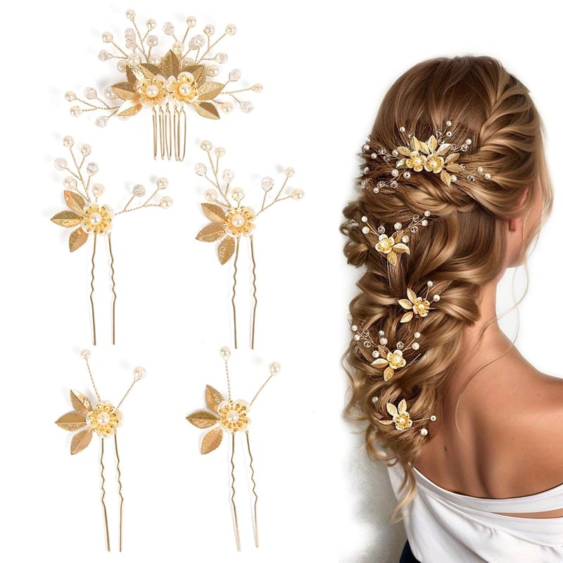 Wedding Hair Pins Set of 5 Pcs  Elegant Leaf Floral Pearl Rhinestones Hair Accessories for Bridal Women Gold