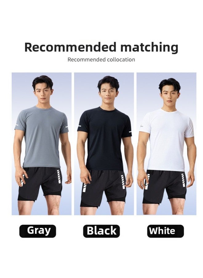 Swimsuit Men's Suit Loose Beach Swimming Full Body Quick-drying Equipment Anti-embarrassment Swimming Trunks Men's Hot Spring Swimsuit-Color:Gray Short Sleeves + Black Swimming Trunks [swimming Cap + Swimming Goggles]-