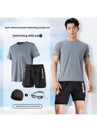 Swimsuit Men's Suit Loose Beach Swimming Full Body Quick-drying Equipment Anti-embarrassment Swimming Trunks Men's Hot Spring Swimsuit-Color:Gray Short Sleeves + Black Swimming Trunks [swimming Cap + Swimming Goggles]- - pzsku/Z04F20A4BE3A8ABC7077BZ/45/1747211722/3c009ece-8416-4522-b459-6fa4ef7165ac