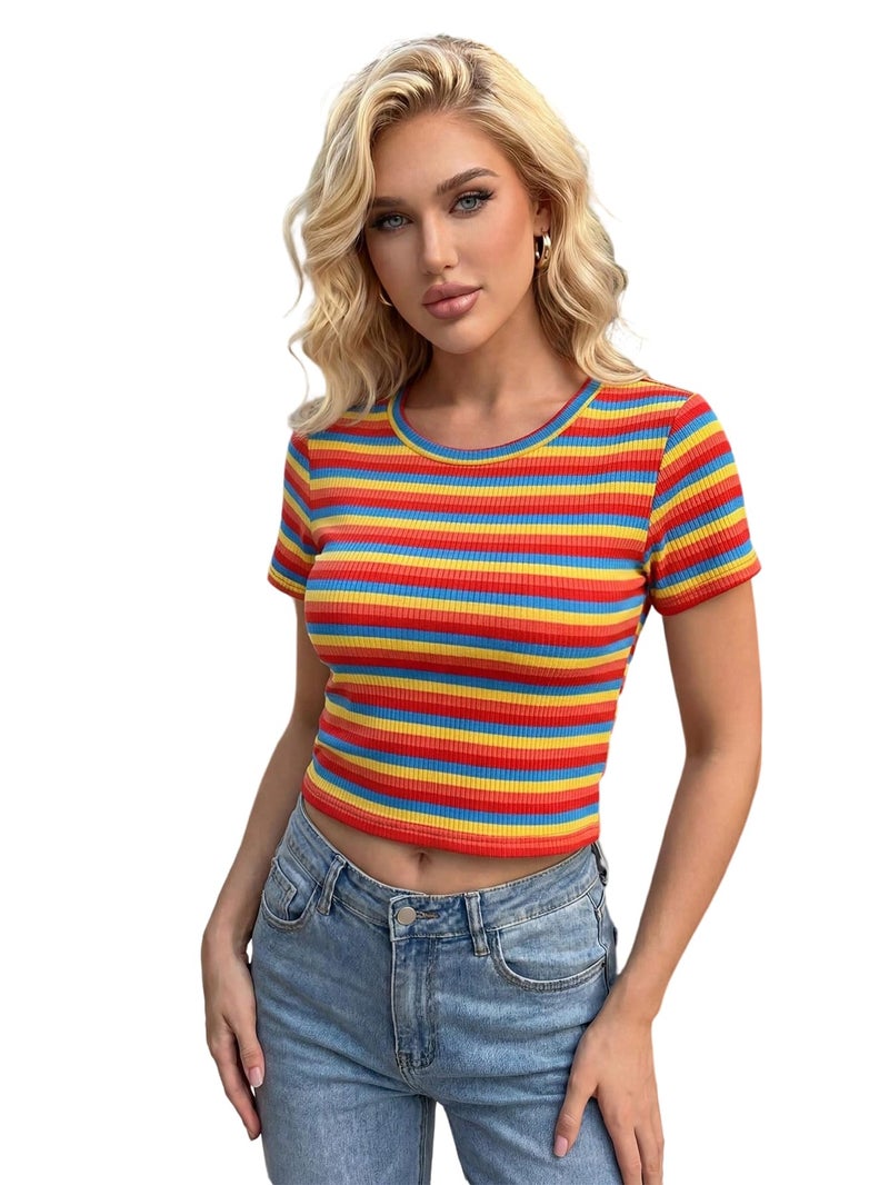 WDIRARA Women's Colorful Striped Short Sleeve Tee Shirt Y2k Crewneck Ribbed Knit Crop Tops Orange Small - Image 2