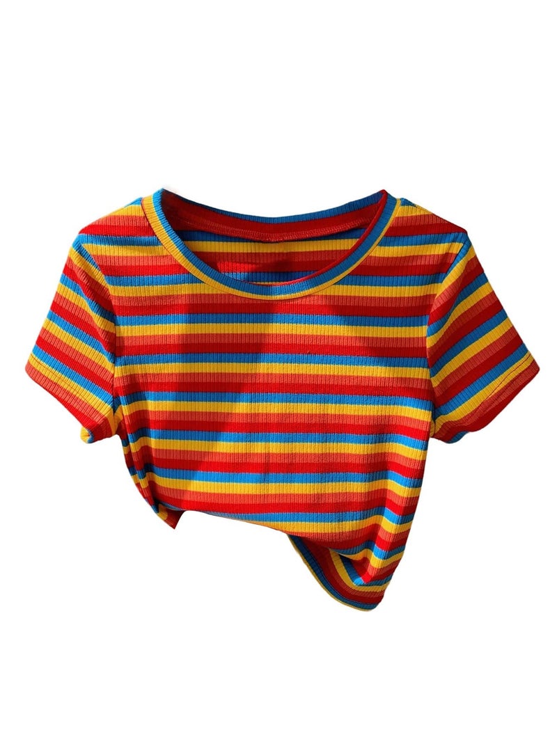 WDIRARA Women's Colorful Striped Short Sleeve Tee Shirt Y2k Crewneck Ribbed Knit Crop Tops Orange Small - Image 1