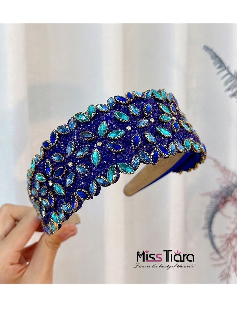 MissTiara - Fully Handmade Fashionable Baroque Style With Diamond Super Sparkle Blue Headband For Girls Ladies - Image 1
