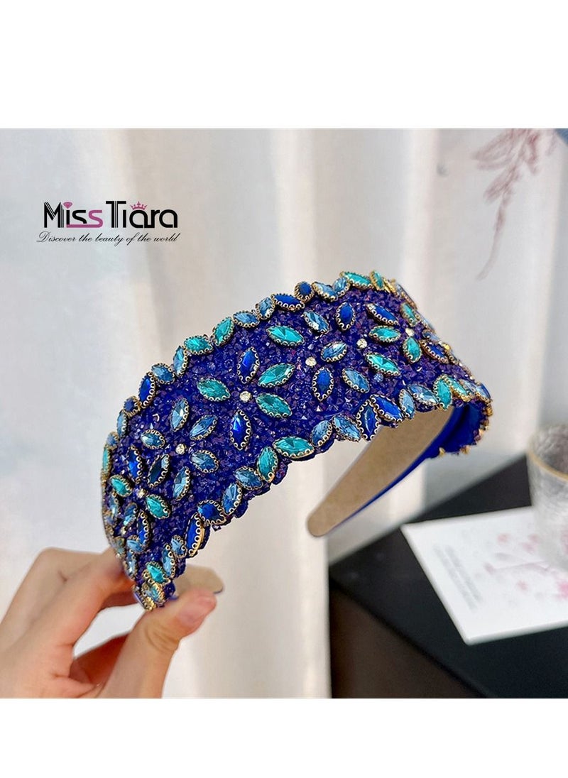 MissTiara - Fully Handmade Fashionable Baroque Style With Diamond Super Sparkle Blue Headband For Girls Ladies - Image 1