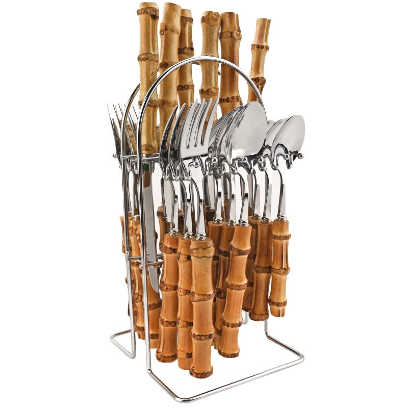 Snplowum 24-Piece Bamboo Flatware Set, Silver Stainless Steel Tableware Set With Cutlery Holder, Kitchen Utensils For Home And Restaurant Daily Use, Mirror Polish, Service For 6 - Image 1