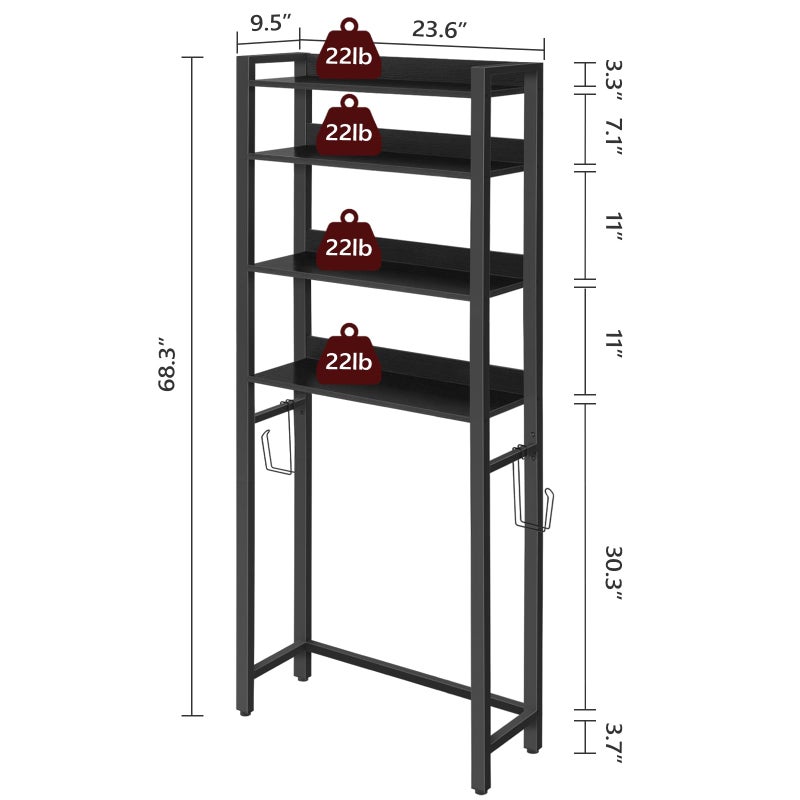 MAHANCRIS Over The Toilet Storage Rack, 4 Tier Bathroom Organizer Over Toilet, Freestanding Space Saver Toilet Stand with 2 Hooks, Bathroom Storage Shelf, Easy to Assemble, Black TSHB0401 - Image 3