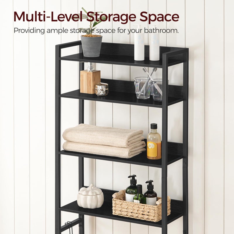 MAHANCRIS Over The Toilet Storage Rack, 4 Tier Bathroom Organizer Over Toilet, Freestanding Space Saver Toilet Stand with 2 Hooks, Bathroom Storage Shelf, Easy to Assemble, Black TSHB0401 - Image 2