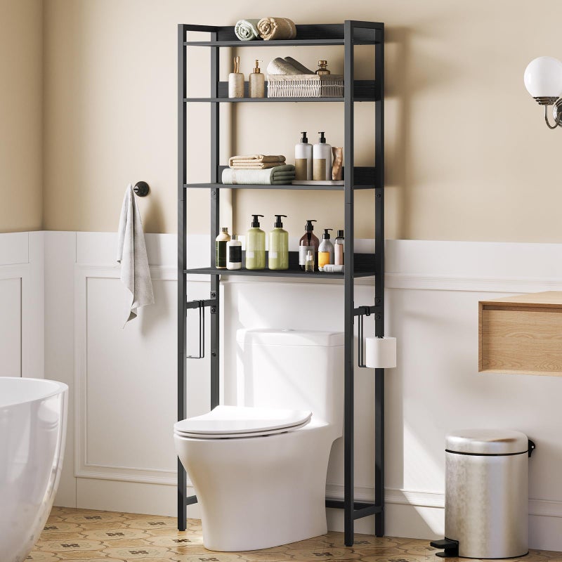 MAHANCRIS Over The Toilet Storage Rack, 4 Tier Bathroom Organizer Over Toilet, Freestanding Space Saver Toilet Stand with 2 Hooks, Bathroom Storage Shelf, Easy to Assemble, Black TSHB0401 - Image 1