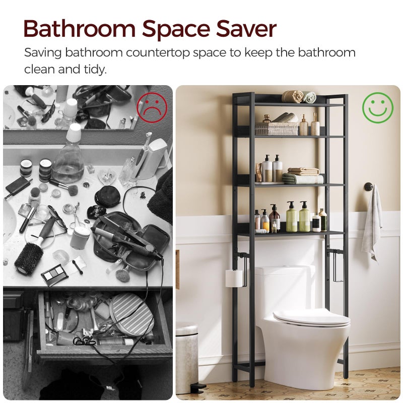 MAHANCRIS Over The Toilet Storage Rack, 4 Tier Bathroom Organizer Over Toilet, Freestanding Space Saver Toilet Stand with 2 Hooks, Bathroom Storage Shelf, Easy to Assemble, Black TSHB0401 - Image 5