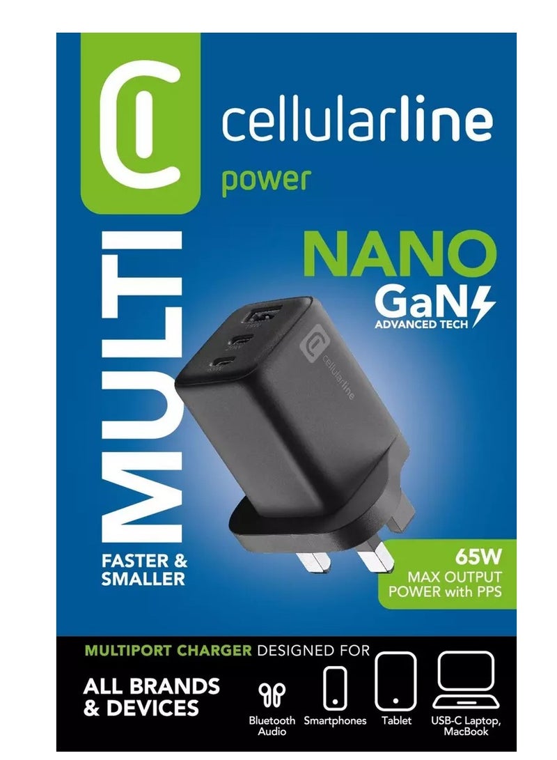 Cellularline 65W high-speed wall charger, built for powerful and safe charging of all your smart devices. Features 1 USB port and 2 Type-C ports, allowing you to charge up to 3 devices simultaneously with fast and reliable output. Equipped with a 3-prong plug, perfect for use in the Gulf region, and finished in sleek black for a modern, professional look. Fully compatible with iPhone, Samsung, Huawei, laptops, tablets, and more. - Image 1