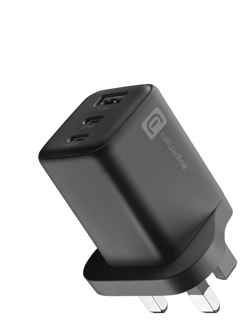 Cellularline 65W high-speed wall charger, built for powerful and safe charging of all your smart devices. Features 1 USB port and 2 Type-C ports, allowing you to charge up to 3 devices simultaneously with fast and reliable output. Equipped with a 3-prong plug, perfect for use in the Gulf region, and finished in sleek black for a modern, professional look. Fully compatible with iPhone, Samsung, Huawei, laptops, tablets, and more. - Image 2