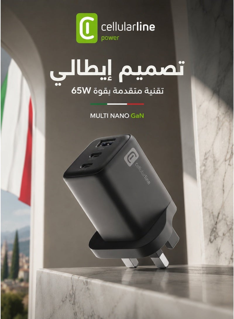 سيلولار لاين راس شاحن  محول حائط لتوصيل الطاقة عالي السرعة مع منفذ يو اس بي ومنفذين تايب سي فيش جداري قوة 65 واط اللون اسود فيش تايب سي فيش ثلاثي فيش شاحن فيش كهرباء راس شاحن راس شاحن تايب سي راس شاحن سامسونج اصلي راس شاحن ايفون اصلي - Image 2