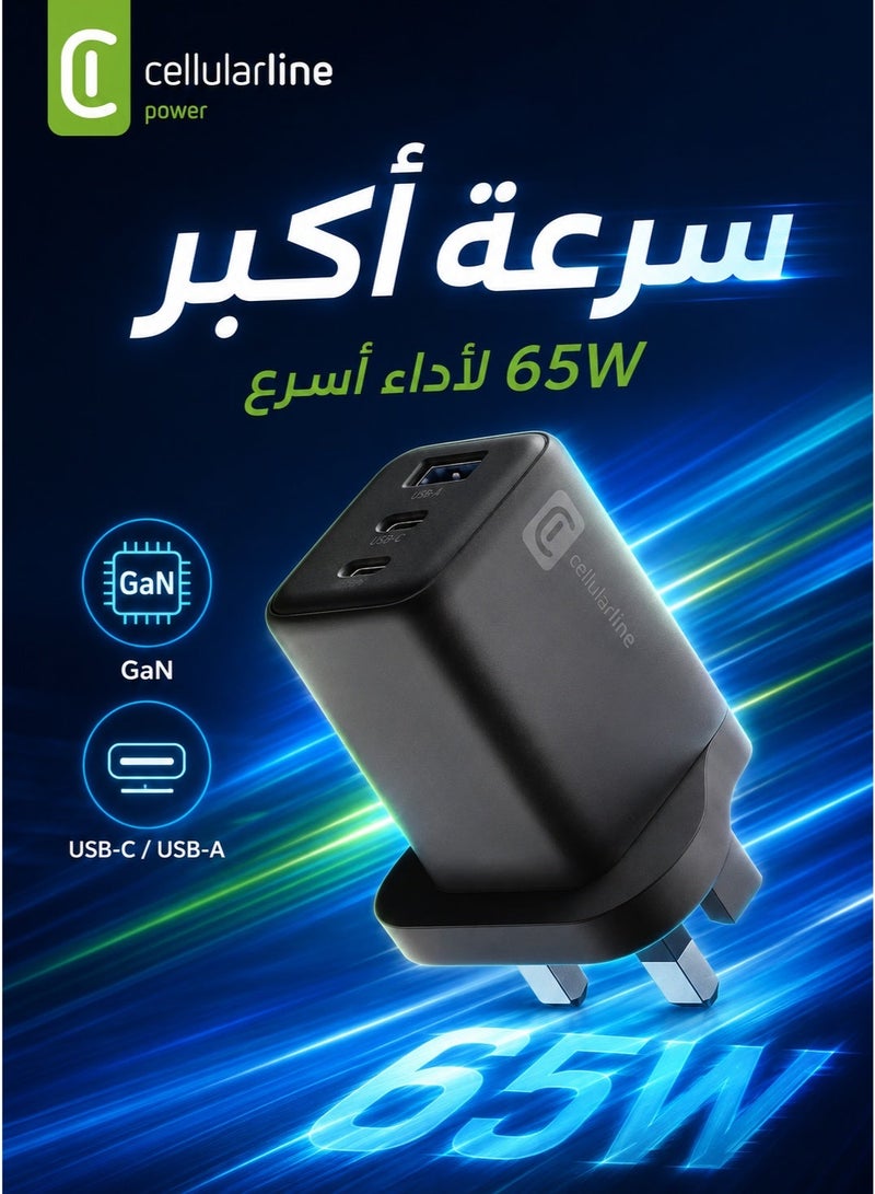 سيلولار لاين راس شاحن  محول حائط لتوصيل الطاقة عالي السرعة مع منفذ يو اس بي ومنفذين تايب سي فيش جداري قوة 65 واط اللون اسود فيش تايب سي فيش ثلاثي فيش شاحن فيش كهرباء راس شاحن راس شاحن تايب سي راس شاحن سامسونج اصلي راس شاحن ايفون اصلي - Image 1