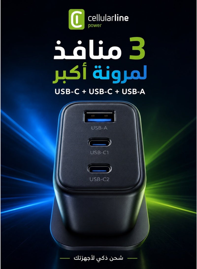 سيلولار لاين راس شاحن  محول حائط لتوصيل الطاقة عالي السرعة مع منفذ يو اس بي ومنفذين تايب سي فيش جداري قوة 65 واط اللون اسود فيش تايب سي فيش ثلاثي فيش شاحن فيش كهرباء راس شاحن راس شاحن تايب سي راس شاحن سامسونج اصلي راس شاحن ايفون اصلي - Image 4