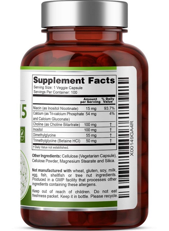 Biogenuine Biogenuine Super B-15 100 Vcaps - Niacin Calcium Choline Inositol DMG TMG - Supports Healthy Oxygen Energy Levels  - Image 3