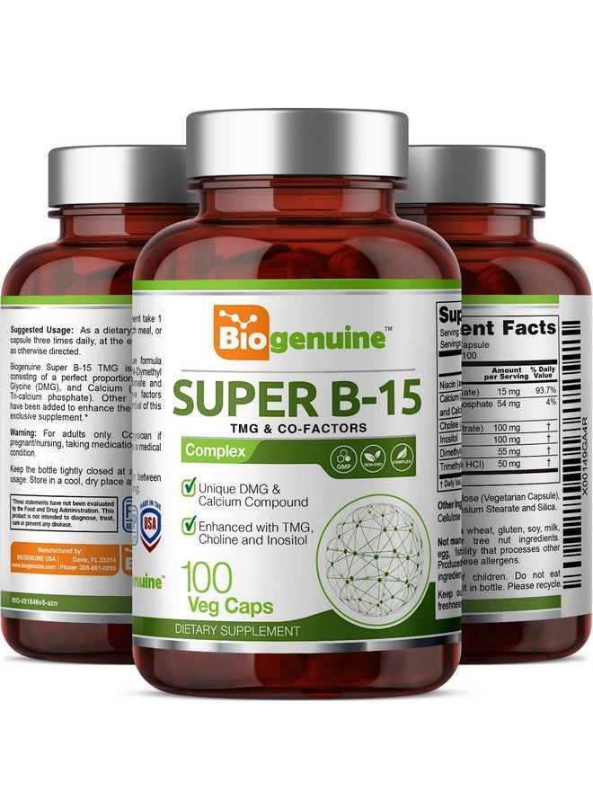 Biogenuine Biogenuine Super B-15 100 Vcaps - Niacin Calcium Choline Inositol DMG TMG - Supports Healthy Oxygen Energy Levels  - Image 4
