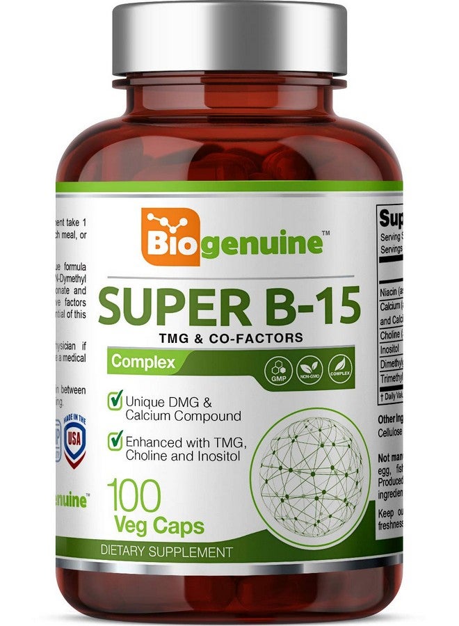 Biogenuine Biogenuine Super B-15 100 Vcaps - Niacin Calcium Choline Inositol DMG TMG - Supports Healthy Oxygen Energy Levels  - Image 1