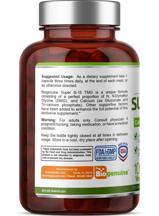 Biogenuine Biogenuine Super B-15 100 Vcaps - Niacin Calcium Choline Inositol DMG TMG - Supports Healthy Oxygen Energy Levels  - Image 2